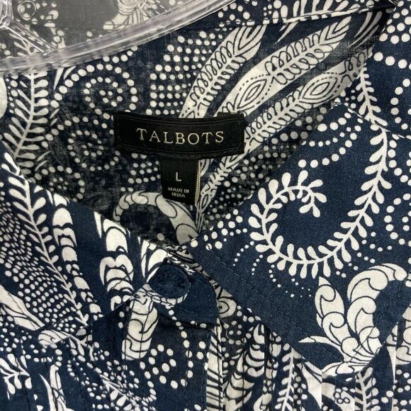 Talbots L Navy Paisley Button Down Top Pleated Oceanic Art to Wear Career Office - Picture 11 of 11